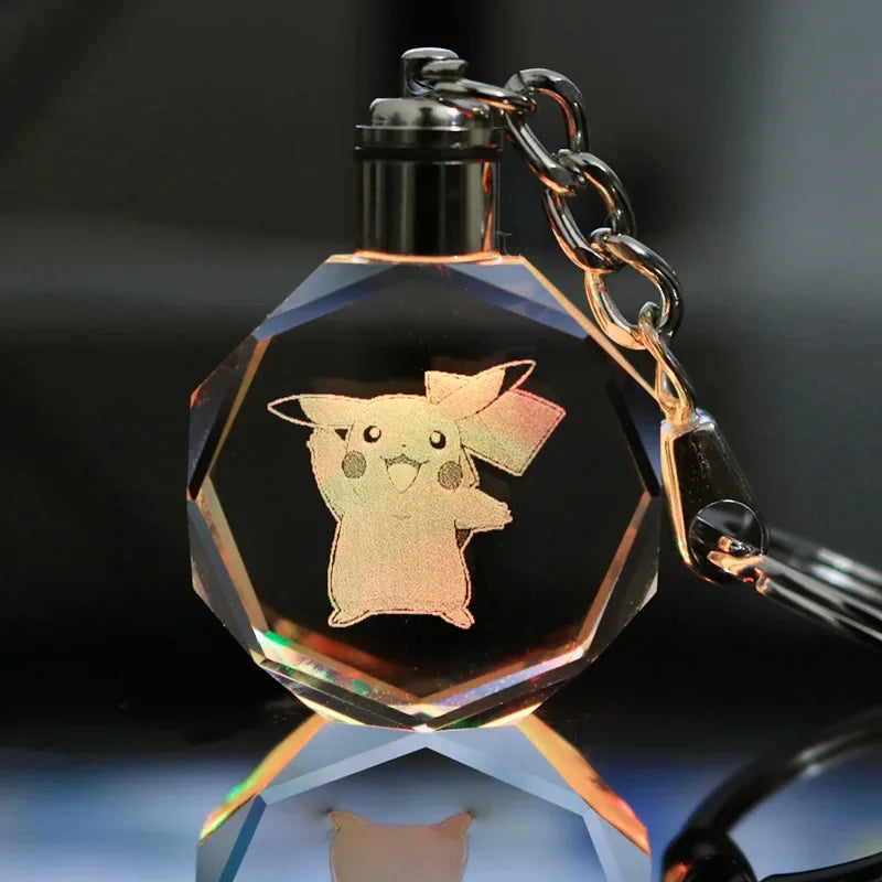 Anime Pokemon Pikachu Colorful Crystal Lamp Keychain for Car Keys Ring Accessories Glass Pendant Night Light Key Chain Toys Gift