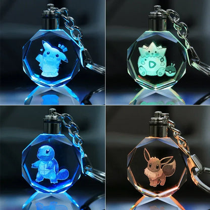 Anime Pokemon Pikachu Colorful Crystal Lamp Keychain for Car Keys Ring Accessories Glass Pendant Night Light Key Chain Toys Gift