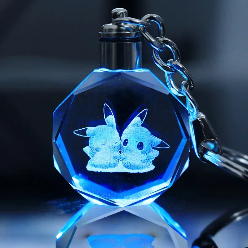Anime Pokemon Pikachu Colorful Crystal Lamp Keychain for Car Keys Ring Accessories Glass Pendant Night Light Key Chain Toys Gift