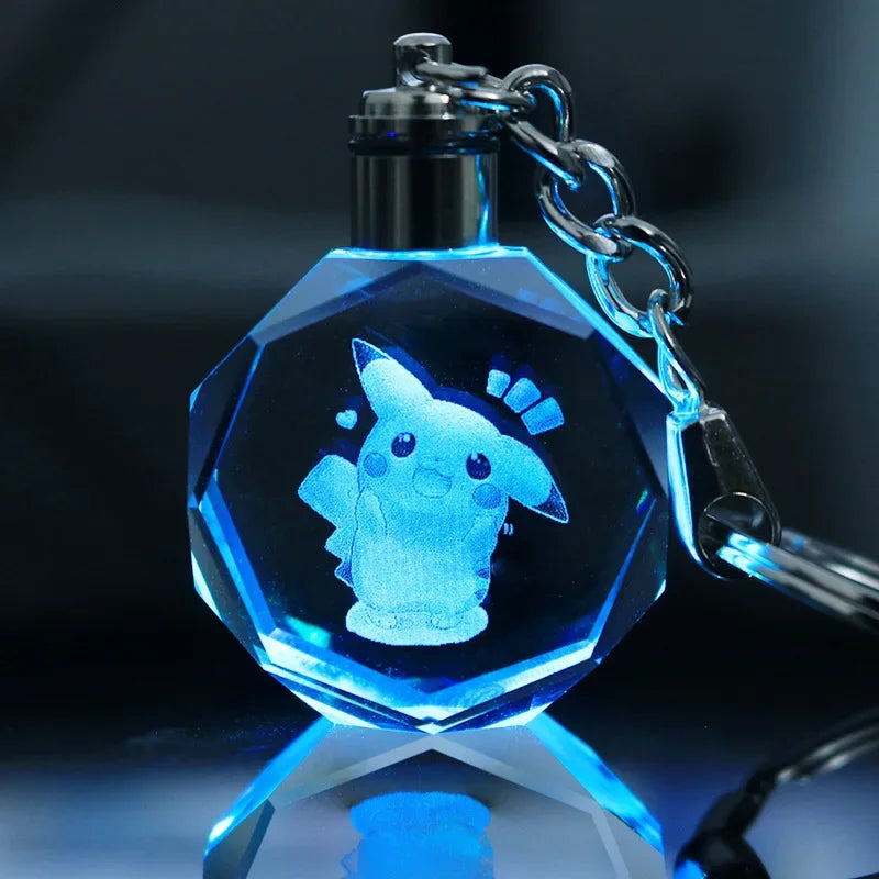 Anime Pokemon Pikachu Colorful Crystal Lamp Keychain for Car Keys Ring Accessories Glass Pendant Night Light Key Chain Toys Gift