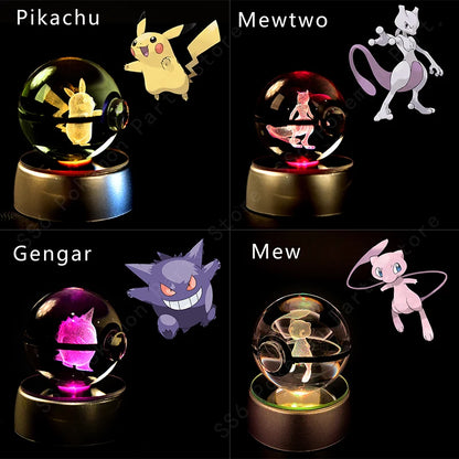 Pokemon Crystal Ball 3D Pikachu Gengar Mewtwo Night Light Lamp Pokeball 3D Glass Pokemon Crystal Ball Statue Kids Birthday Gift