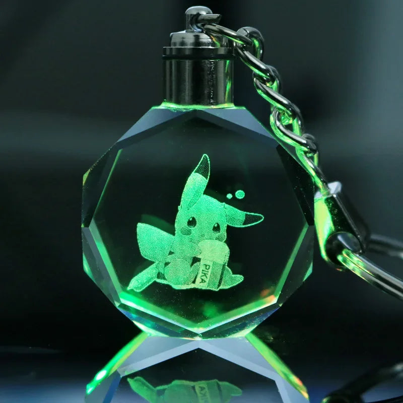 Anime Pokemon Pikachu Colorful Crystal Lamp Keychain for Car Keys Ring Accessories Glass Pendant Night Light Key Chain Toys Gift