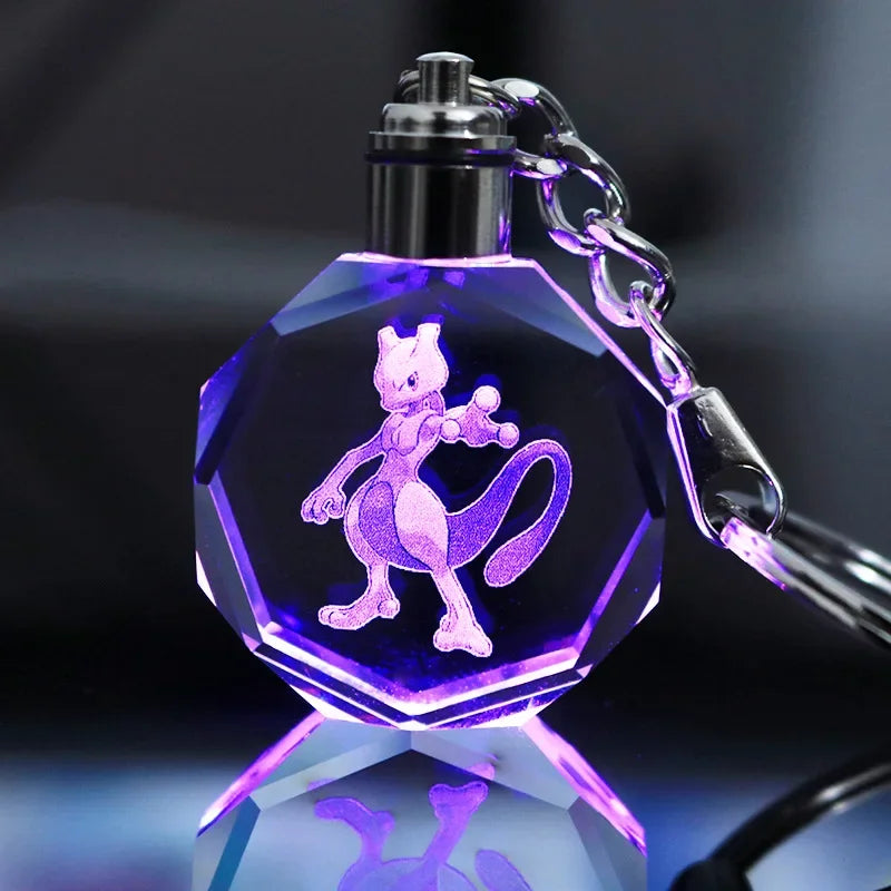 Anime Pokemon Pikachu Colorful Crystal Lamp Keychain for Car Keys Ring Accessories Glass Pendant Night Light Key Chain Toys Gift