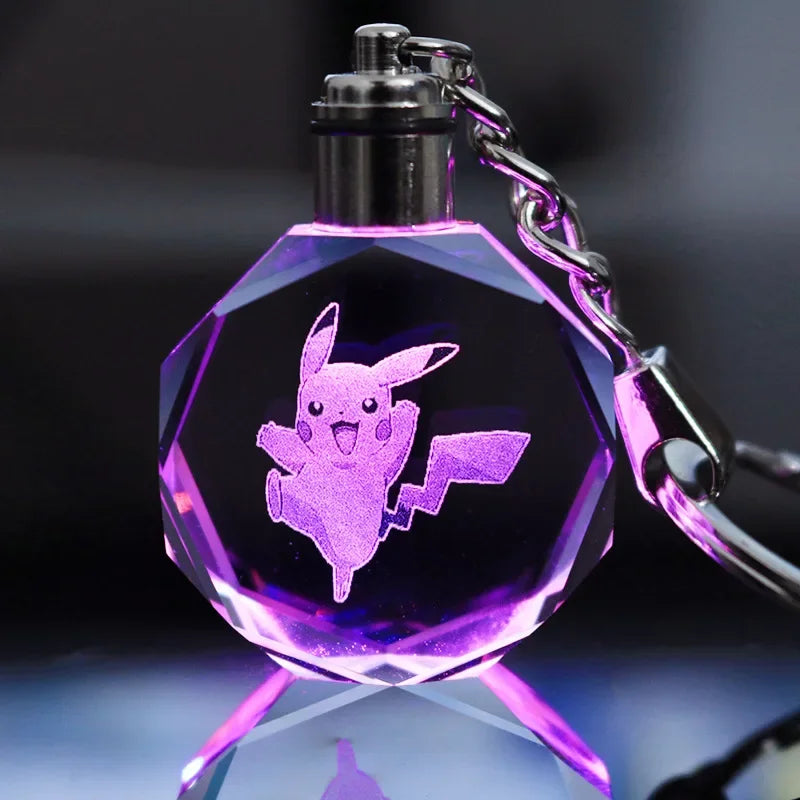 Anime Pokemon Pikachu Colorful Crystal Lamp Keychain for Car Keys Ring Accessories Glass Pendant Night Light Key Chain Toys Gift